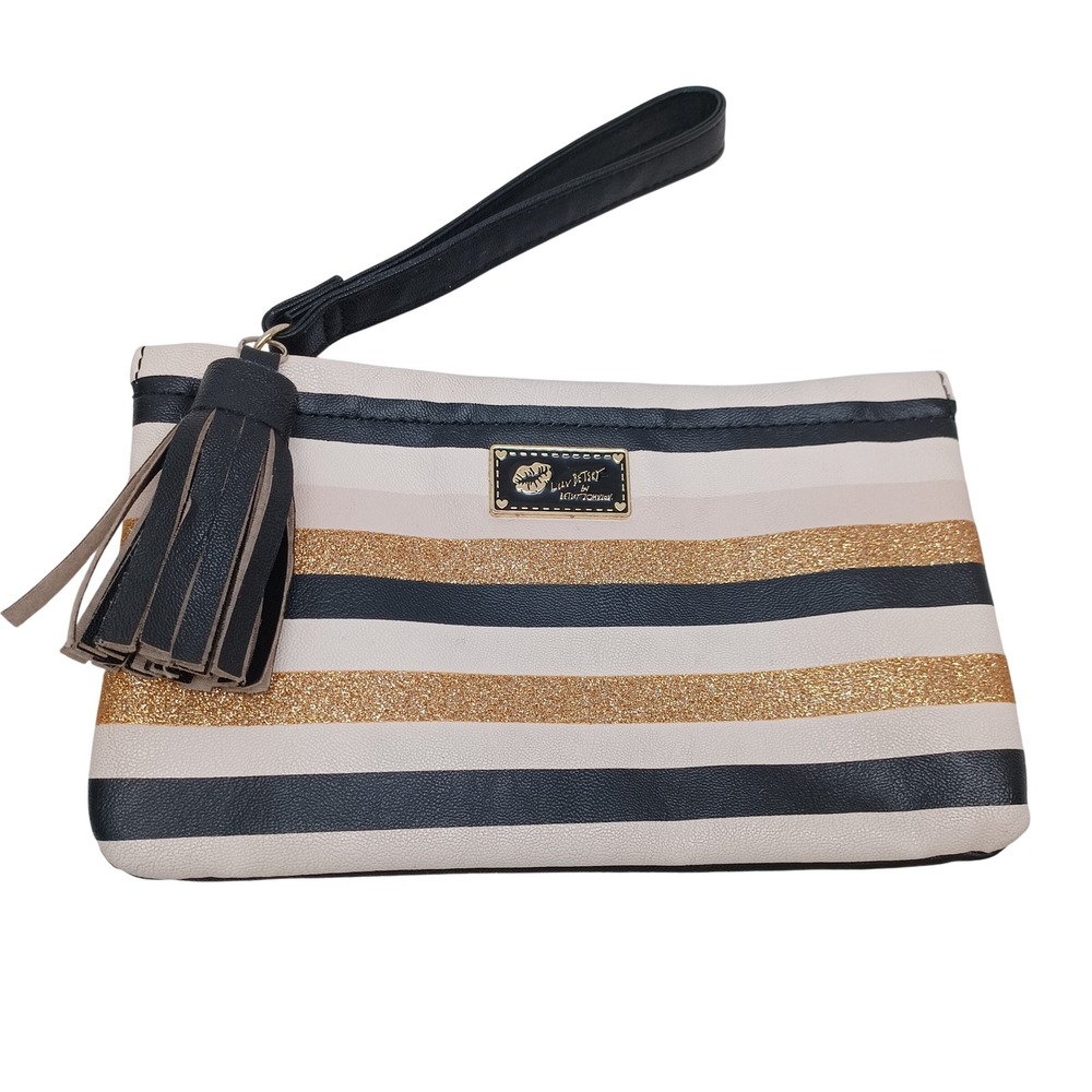 Luv Betsey by Betsey Johnson Striped Glitter Wristlet Pouch Black Gold Cream